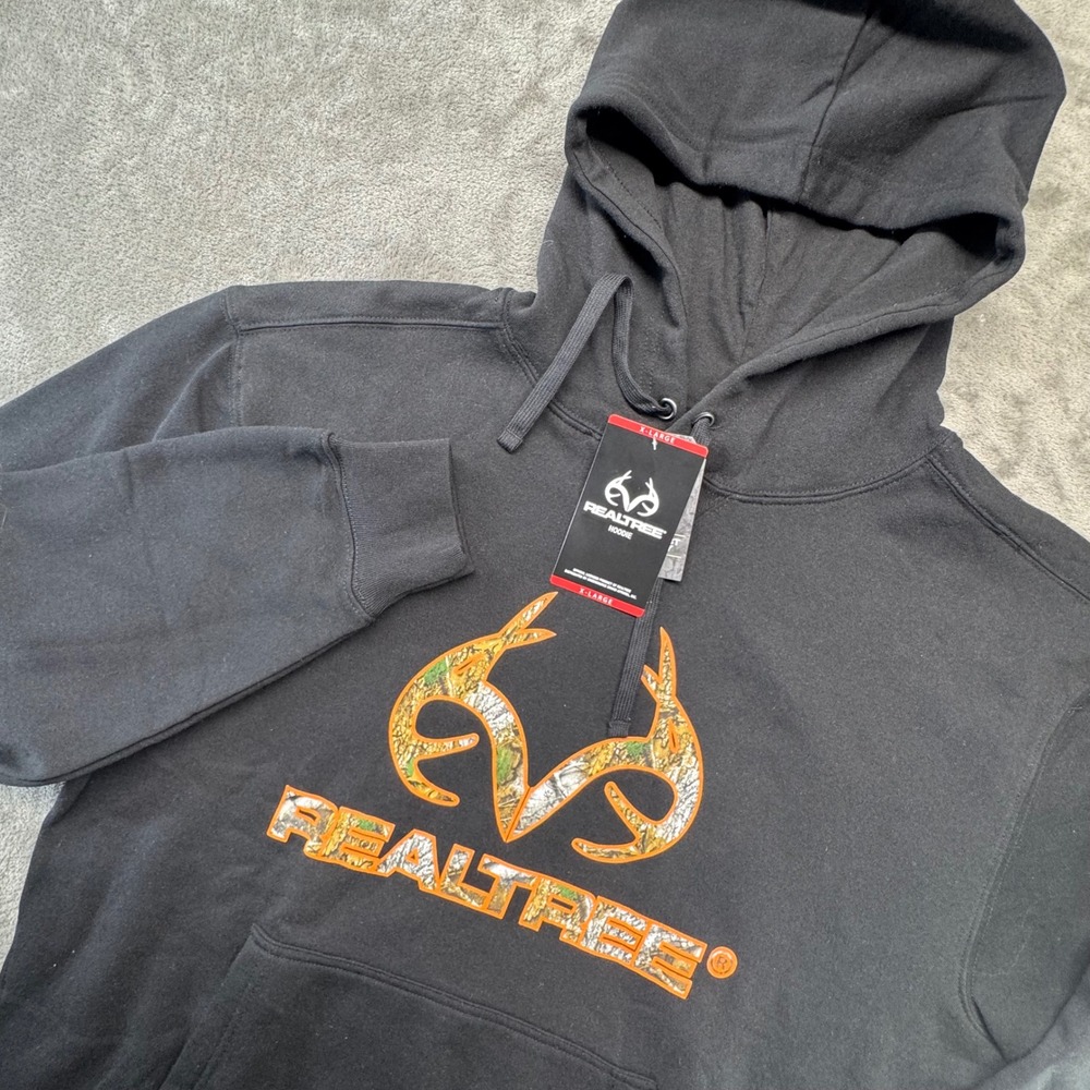 Realtree Mens Hoodie Sweatshirt X-Large Black Logo Camo Casual Outdoors Pullover